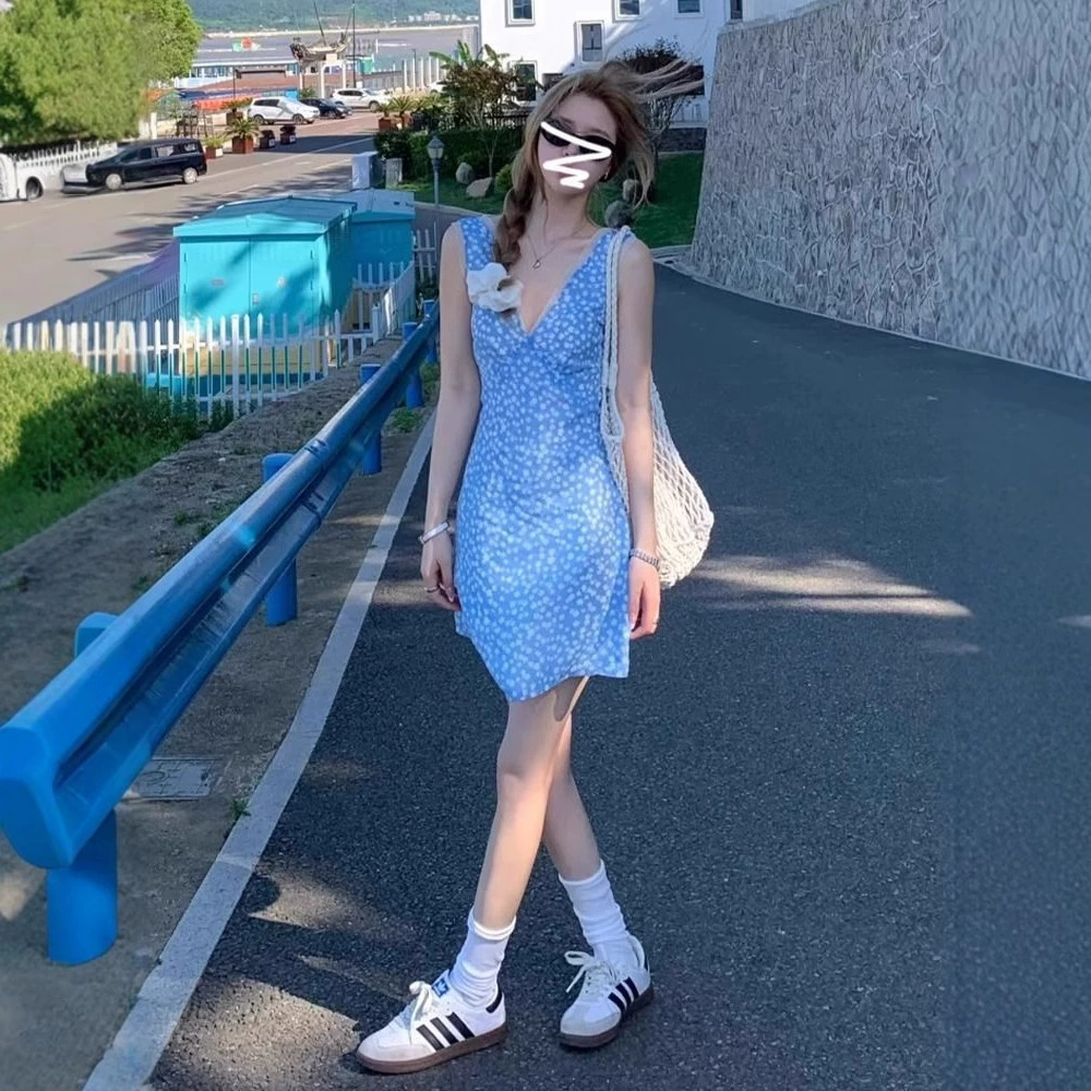 Синяя цветочная куртка с v-образным вырезом платье женская летняя праздничная тонкая юбка