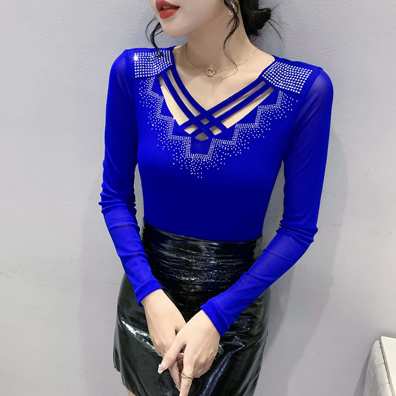 Blusa de Malla de Manga Larga para Mujer de Acrílico con Cuello en V y Pedrería para Uso Diario