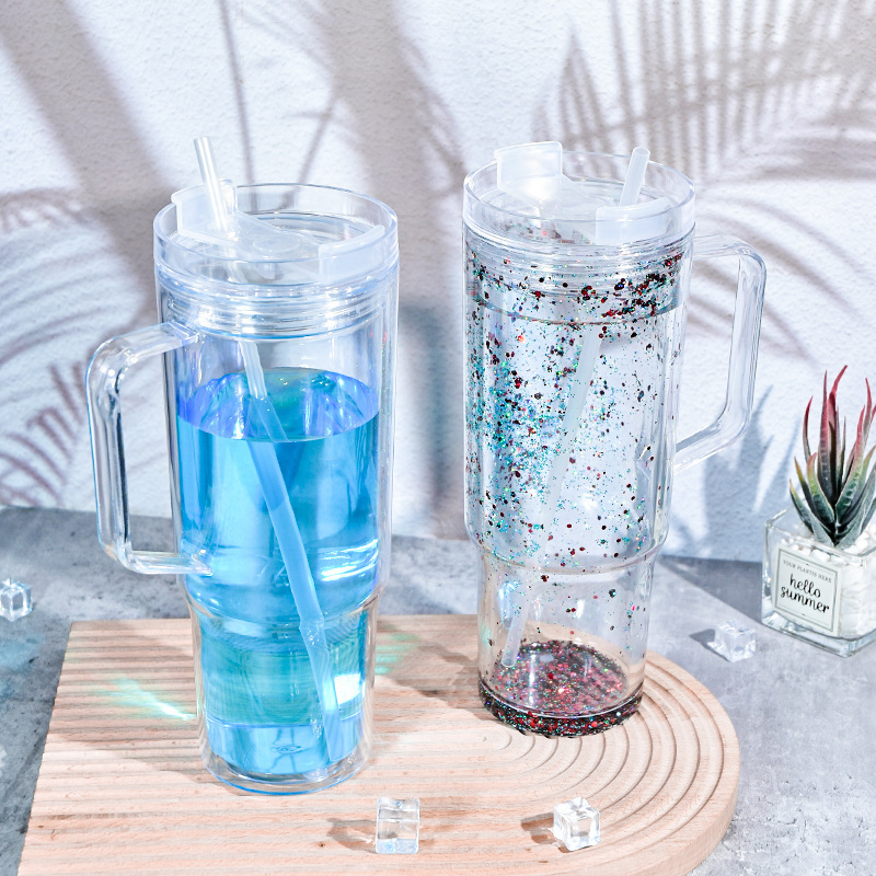 Cross-Border Double-Layer Plastic Cup with Lid, 40oz Water Cup, Large Capacity Straw Cup with Hole and Stopper DIY