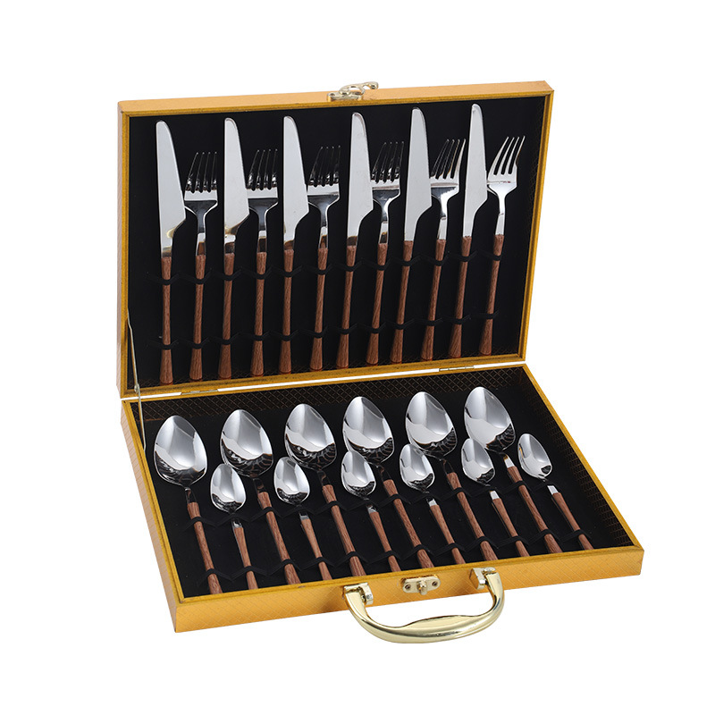 Amazon popular vajilla de acero inoxidable 24 piezas traje portugués mango de grano de madera cuatro piezas principales cuchillo de comida occidental, tenedor y cuchara traje
