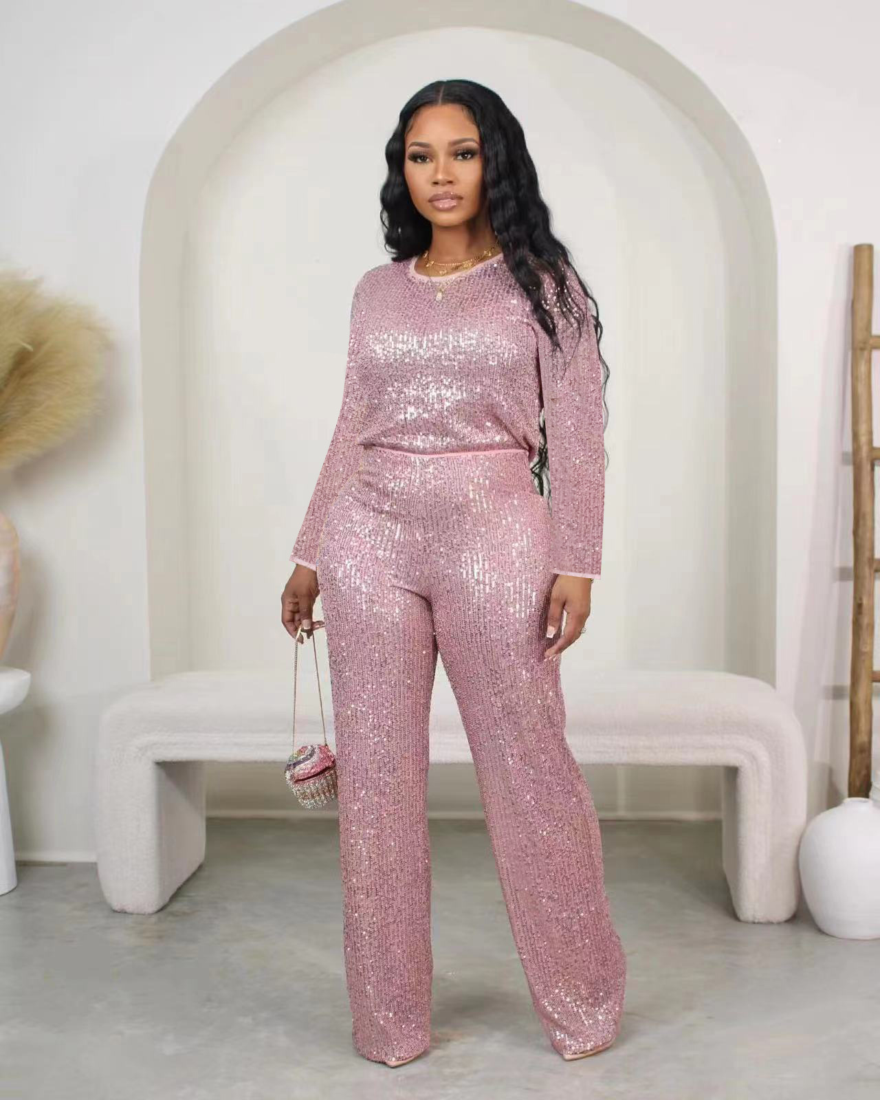 Women's Clothing new sequined solid color long sleeved trousers two piece set_voghion.com