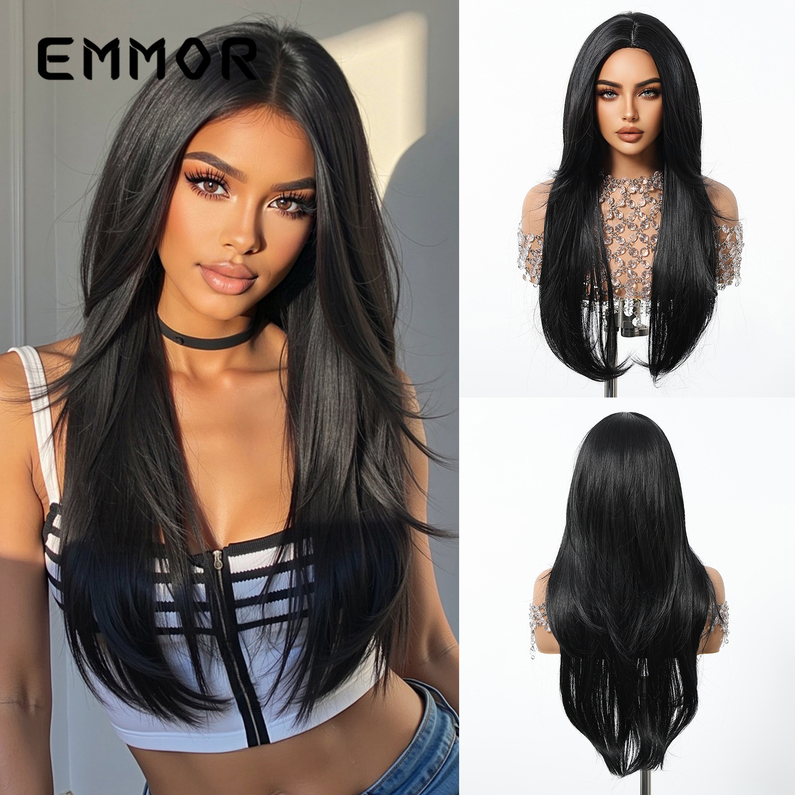 Peluca de venta caliente transfronteriza, cabello largo femenino, negro de alto nivel, temperamento de alto nivel, cabello lacio