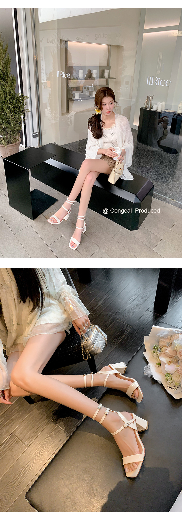 Sandal cao gót nữ quai ngang hở mũi mũi vuông gót vuông — Màu đen chi tiết 20