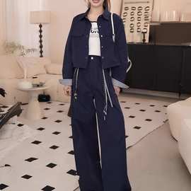 【雨薇】秋季简约时尚拼接短外套直简裤两件套Y53TZG1078