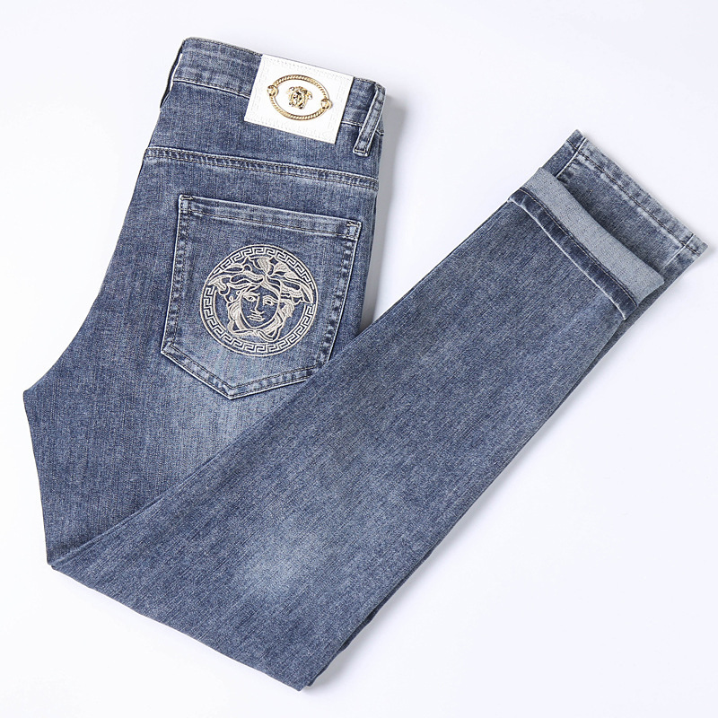 European Jeans Men's Brand Witch Head Embroidered Jeans Men's Slim-fit High-end Jeans Men's Small Foot
