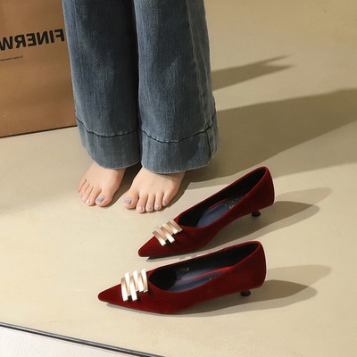 2377-K215 Korean style low heeled suede women's shoes with pointed shallow mouth metal buckle, fashionable single s