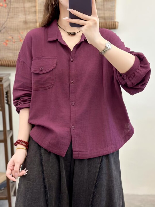 气质简约棉纱衬衫女短款2025秋新款宽松百搭休闲时尚百搭上衣7715|undefined