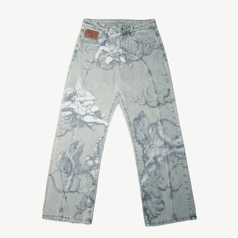 Cross-Border Street Style Millennium Loose Retro Cupid Angel Pattern Printed Jeans Fashion Hip-Hop Pants Cross-Border Street Style Millennium Loose Retro Cupid Angel Pattern Printed Jeans Fashion Hip-Hop Pants