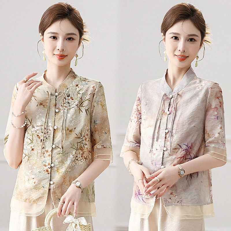 Женская одежда 2025: рубашки весна-осень, новый стиль для женщин среднего и старшего возраста, свободные топы, рубашки с принтом для бабушек