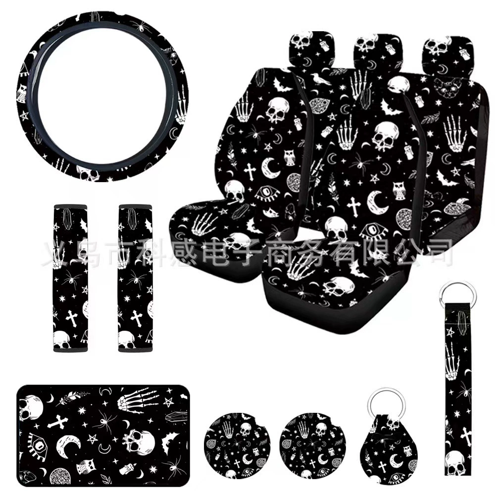Комплект чехлов для автомобильных сидений в готическом стиле с изображением черепа, кошки, луны и звезд, 15 предметов, для экспорта и трансграничной торговли