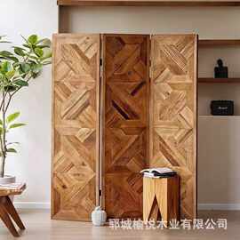 2025新款榆木屏风新中式客厅隔断板玄关遮挡板实木拼花折叠屏风