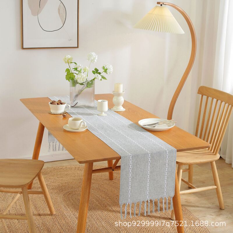 Cross-Border American Country-Style Household Tablecloth, Solid Color Hand-Woven Tassel Striped Table Runner, Simple Tablecloth for Dining Room Cross-Border American Country-Style Household Tablecloth, Solid Color Hand-Woven Tassel Striped Table Runner, Simple Tablecloth for Dining Room