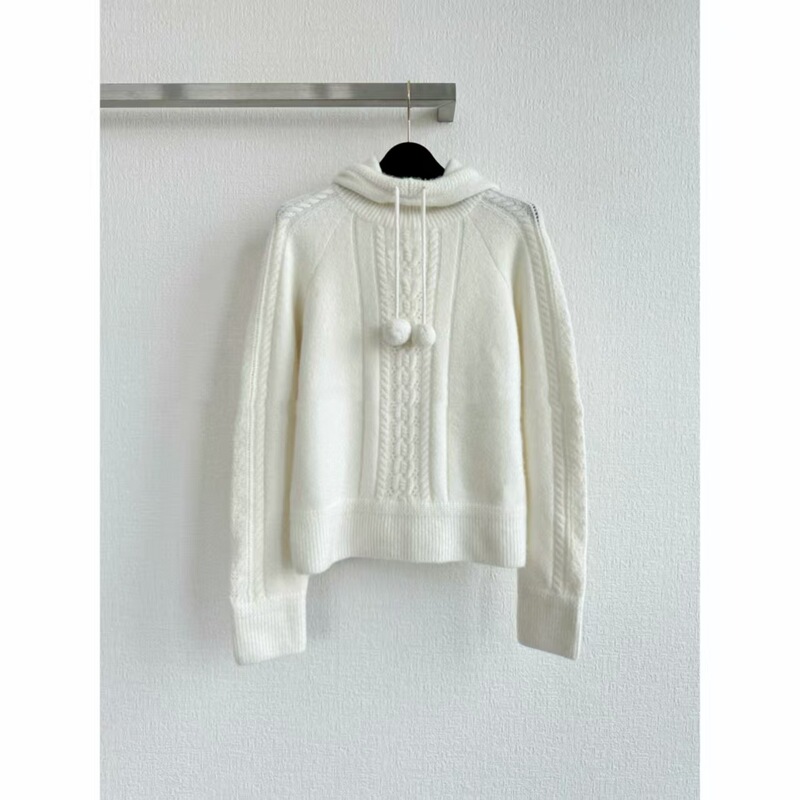 King's Impression Autumn/Winter New Ski Series Crochet Hooded Pom-Pom Twist Pullover Sweater Long Sleeve Top for Women
