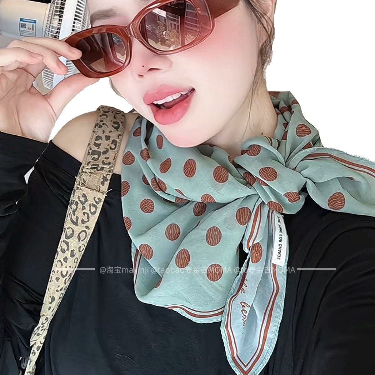 Polka Dot Rose Silk Crepe Scarf For Women - French Elegant Versatile Green Neck Scarf Bandana - Thumbnail 5