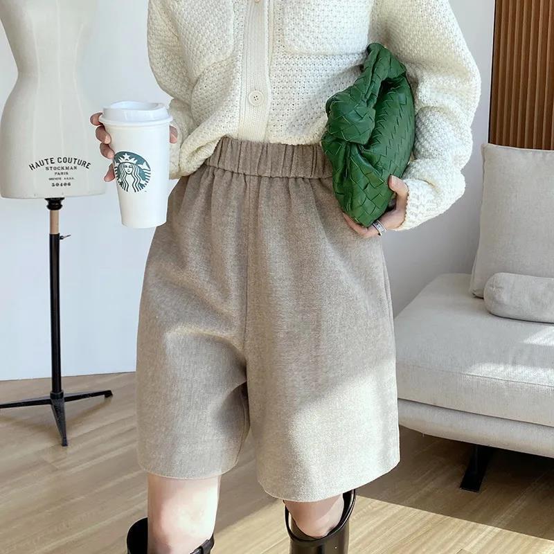 elastic high waist elegant loose woolen shorts women's winter design sense outerwear all-match wide leg A- shaped casual boots pants