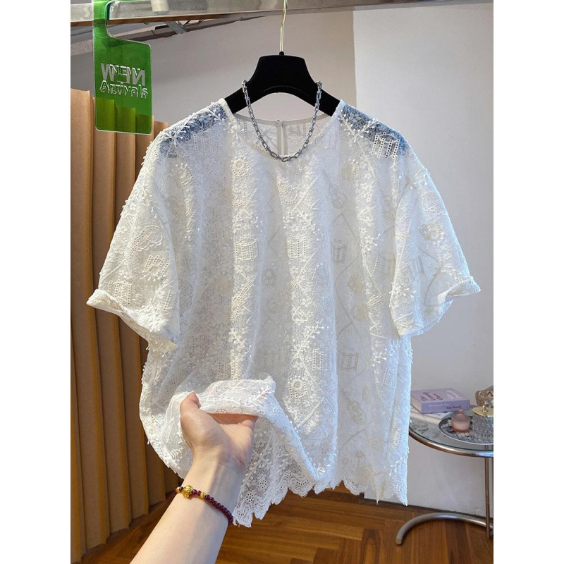 High-End and Beautiful Round-Neck Lace T-Shirt for Women, Short-Sleeved, 2026 New Style, Loose Casual Stylish Lace Pullover Top High-End and Beautiful Round-Neck Lace T-Shirt for Women, Short-Sleeved, 2026 New Style, Loose Casual Stylish Lace Pullover Top