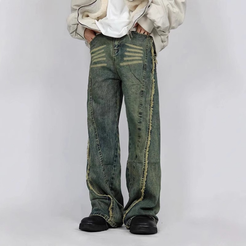 Men's Distressed Straight-Leg Jeans Vintage Washed High Street Denim Pants Raw Hem Slight Flare_mkmklike.com