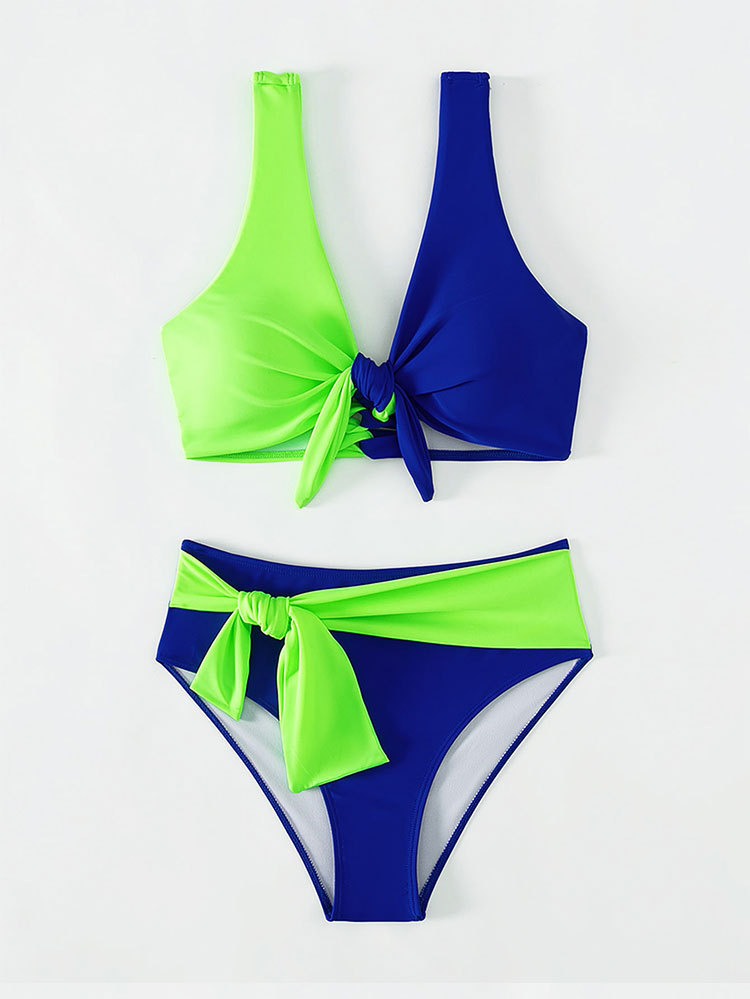 2024 neuer einfarbiger Patchwork-Strandbikini für Damen, konservativer rückenfreier Badeanzug mit hoher Taille und Brustpolster_voghion.com