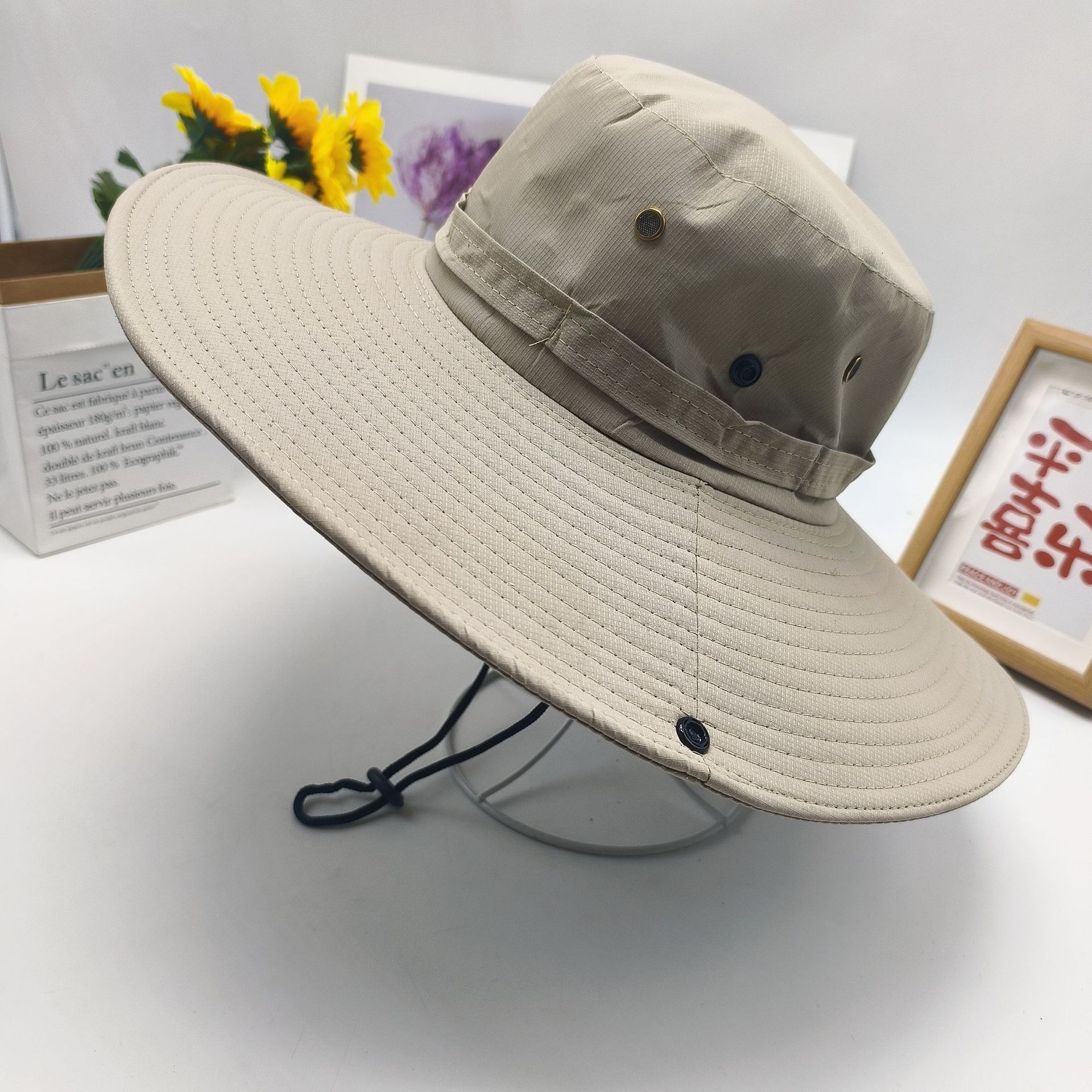 日系抽繩大檐戶外登山帽女夏季防曬防紫外線太陽帽徒步露營帽子男