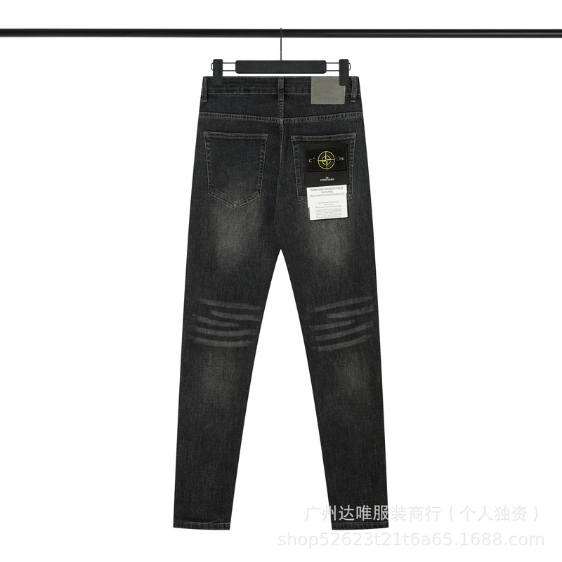 外国貿易クロスボーダーストーンジーンズ高弾性ウォッシュバックポケット刺繍バッジスリムフィットパンツ男性用|undefined