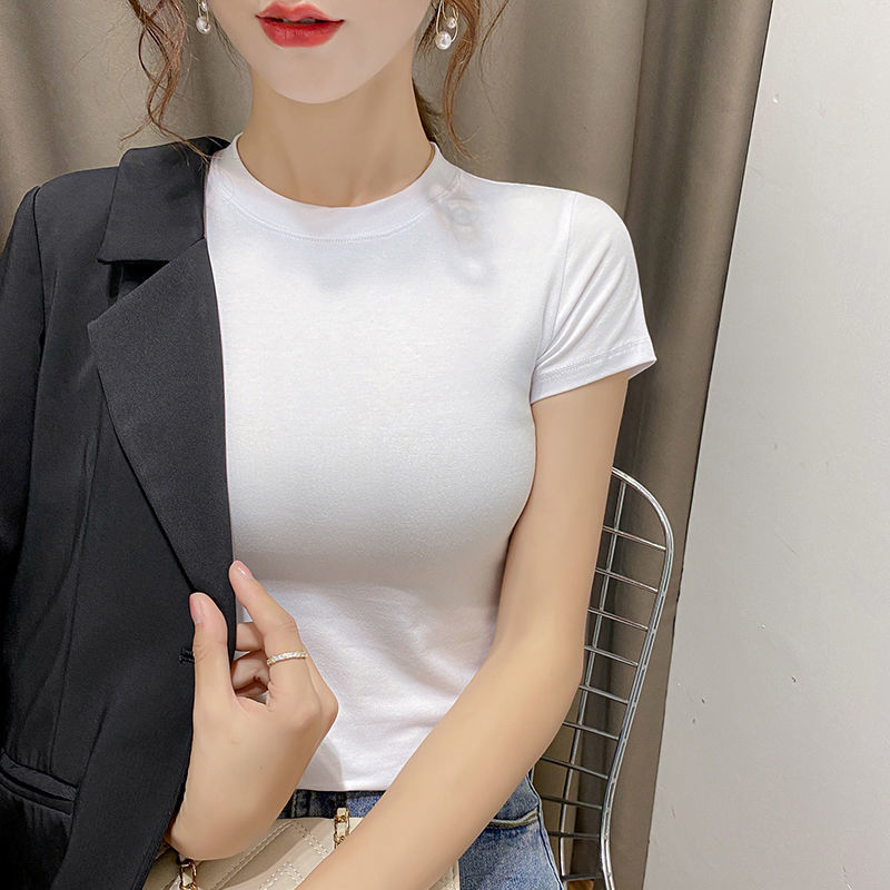 White T-shirt Women's Short-sleeved Half-high Collar Spring and Summer Slim-fit ins Trendy Suit Base Shirt Slimming Round Neck Pure Cotton Top for Women