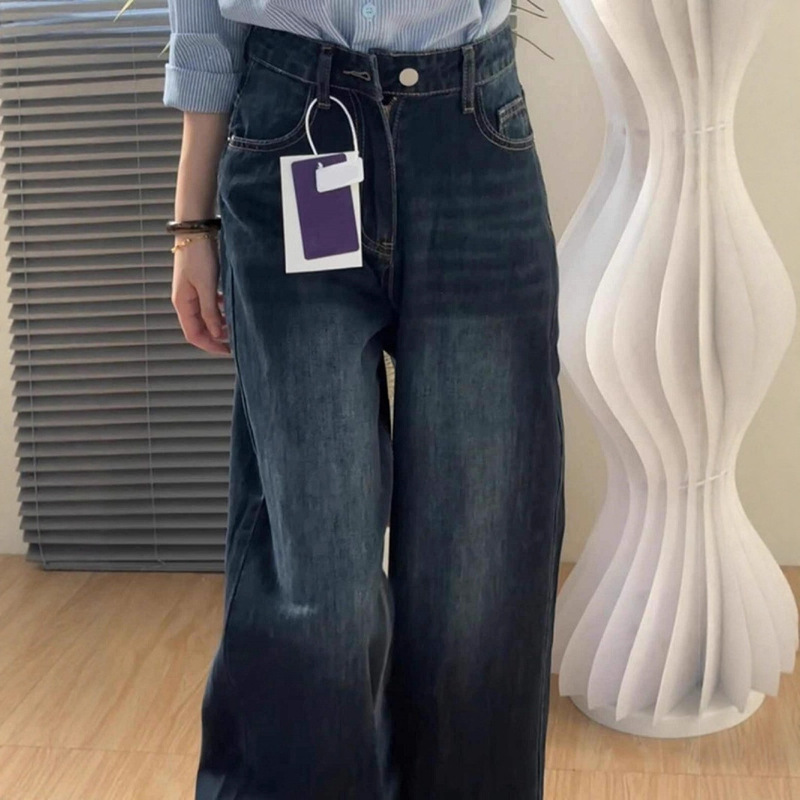 Vintage Washed Distressed Dark Blue High-Waisted Women's Jeans Autumn Winter Fleece Loose Wide-Leg Casual Versatile Long Pants Trendy