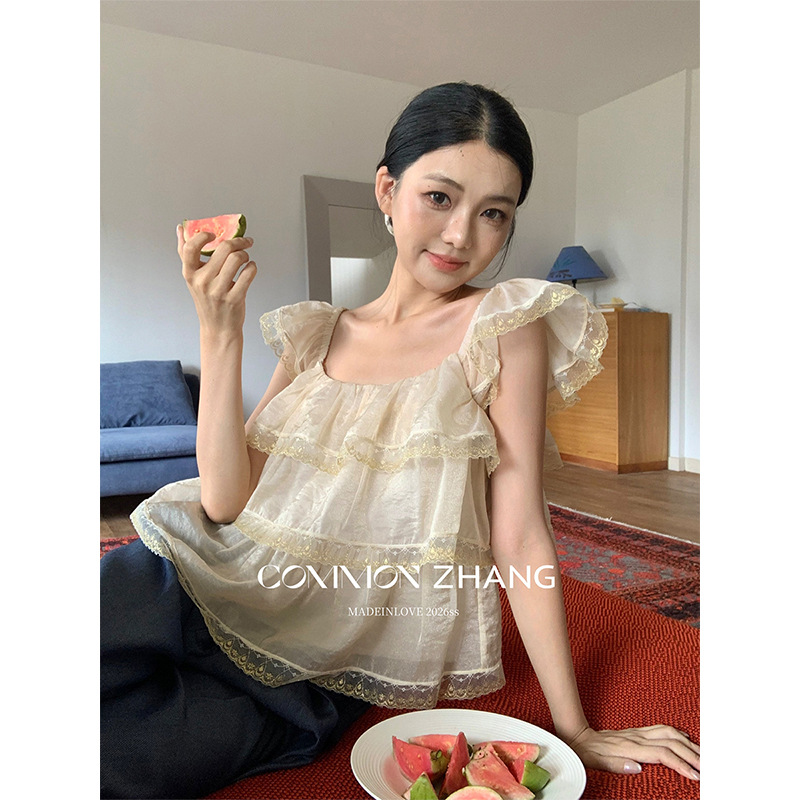 攸吉CZ ZHANG法式高级感一字肩衬衫夏季飞飞袖U领淑女衬衣C23369