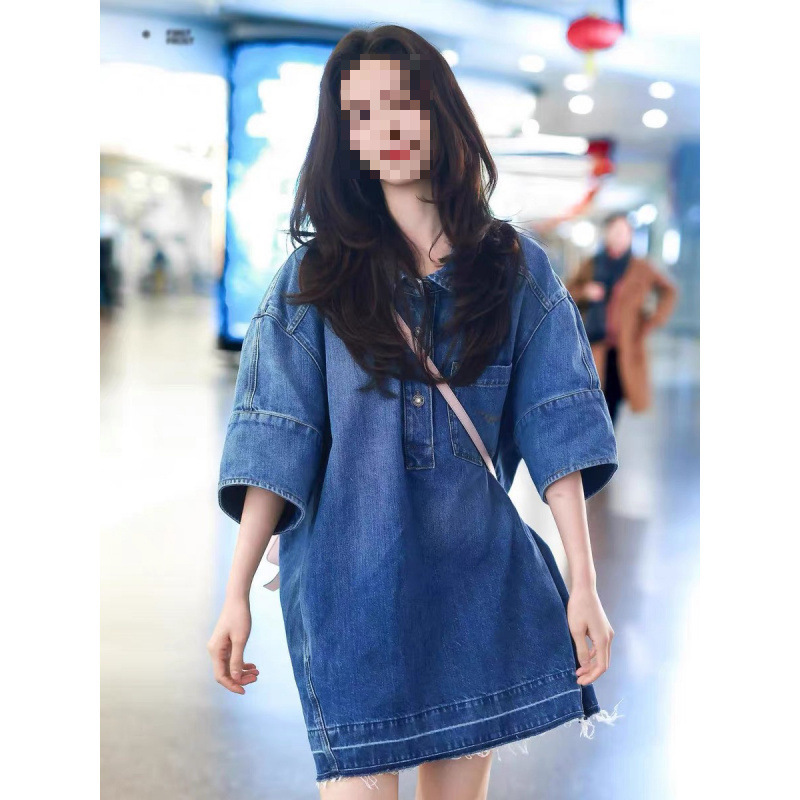 상시 재고 2026 가을겨울 장루오난 스타 연예인 같은 청바지 원피스 여성 봄 프렌치 셔츠 숏 원피스