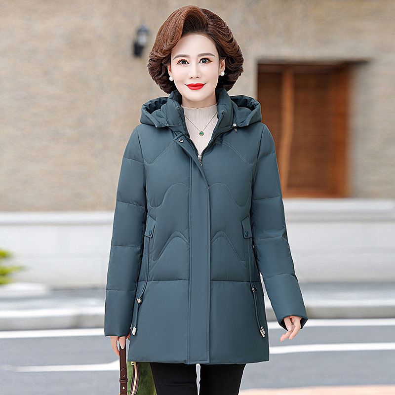 Ladieswear's down Jacket Women's Winter Mid-Length New Style Middle-Aged and Elderly Winter Hooded Thickeneded Warm White Duck down Jacket