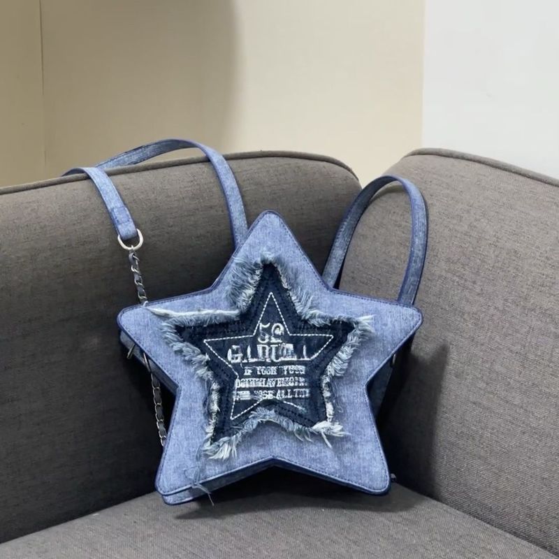 オリジナルデザインデニムブルー五芒星バックパック刺繍文字タッセルY2Kクロスボディバッグ|undefined