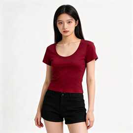 大圆领220G棉拉架1X1短袖T恤女款修身运动休闲普拉提训练服上衣