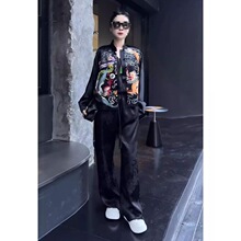 秋季新款新中式国风女装网红炸街黑色盘扣印花外套两件套装裤