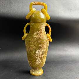 仿古兽面纹活环提梁玉瓶 岫玉做旧带盖玉壶 工艺品玉石摆件 可代