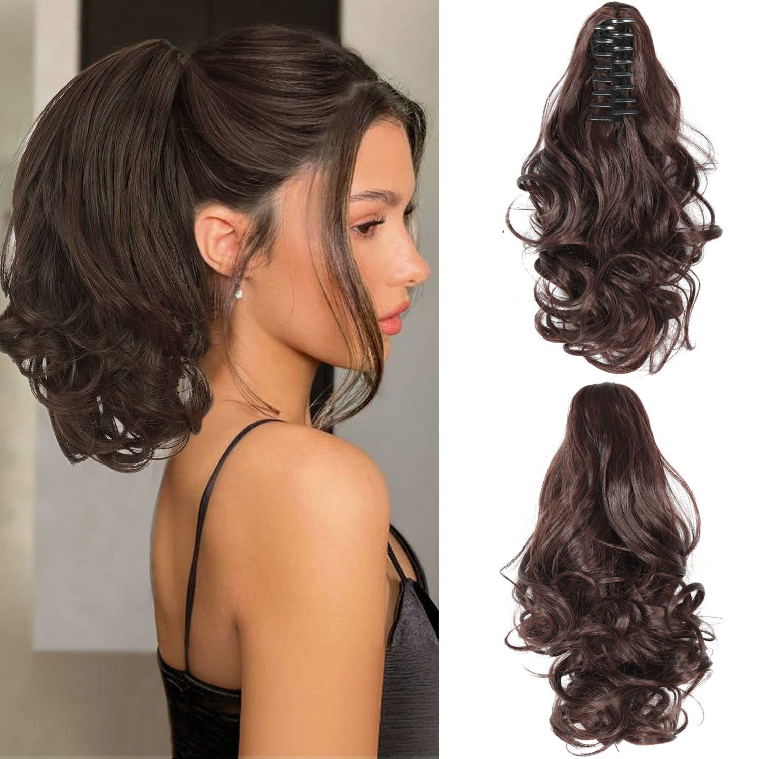 Europa y América pelucas mujeres agarrar clip de cola de caballo 8 dientes ondas grandes pelucas de caballo de caballo corto cabello natural flojo fábrica en stock