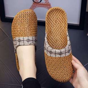 Spring and Autumn Rattan Woven Slippers, Breathable and Good-Looking, Summer Flat-Soled Comfortable Home Couple Toe-Toe Sandals for Men and Women
