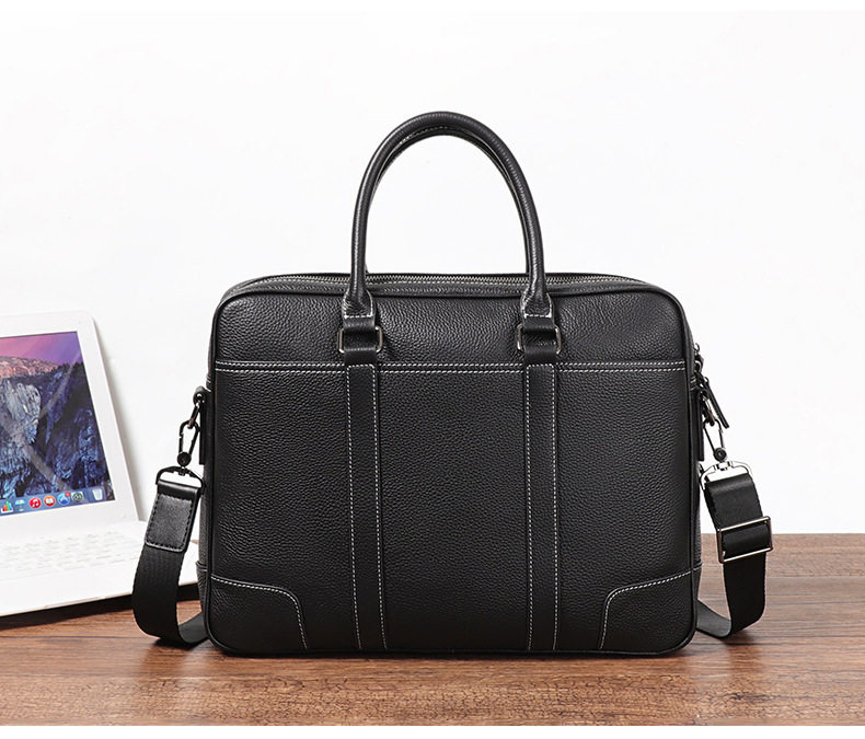 Cặp công sở da bò lớp đầu khóa kéo đôi, túi xách tay nam đựng laptop 14 inch dung lượng lớn, có dây đeo vai 38×11×28 cm — đen chi tiết 3