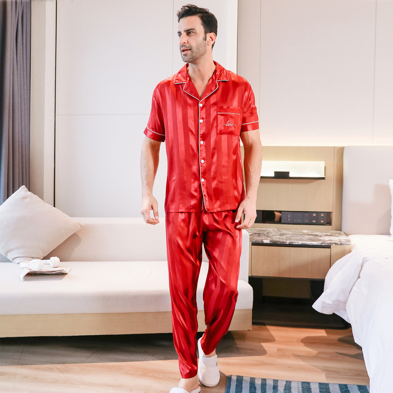 Cross-border Pajamas Men's Summer Short-sleeved Long Thin Silk suit Cardigan Red Imitation Silk Men's Home Clothes