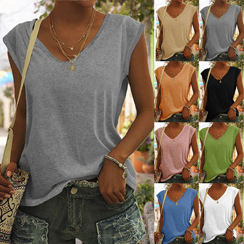 European and American Cross-Border Women's V-Neck Cap-Sleeve Sleeveless T-Shirt, Loose Casual Top, Factory Ready Stock, Can Be Printed with Your Own Design