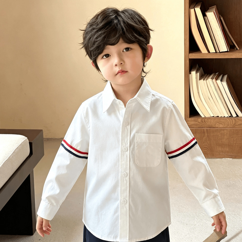 Boys' white long-sleeve shirt, summer college style 2026 shirt with medium-large pointed collar, suitable for performances, student hosting, solid color
