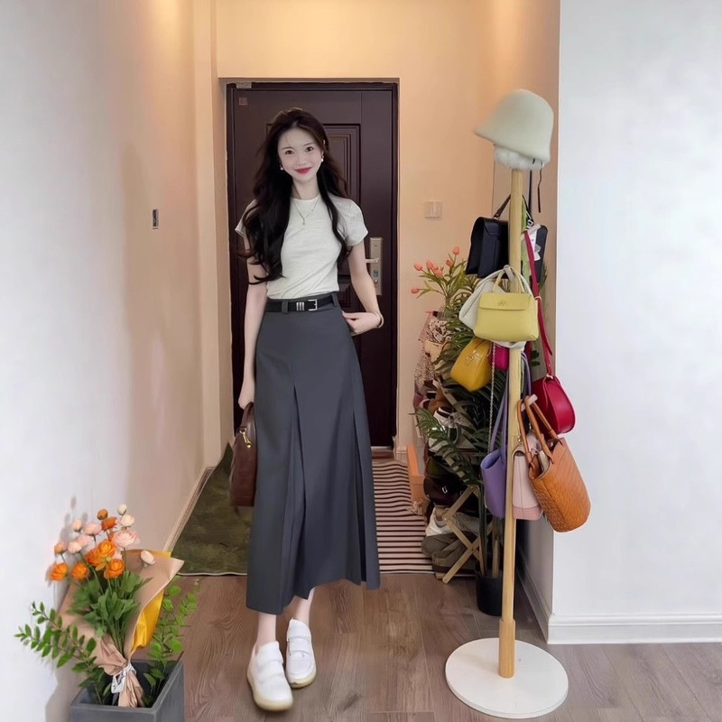 灰色西装百褶半身裙女高腰遮胯长裙子2025新款洋气显瘦气质A字裙|undefined