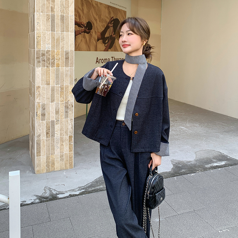 实拍又a又飒条纹拼接牛仔套装女春2025新款韩系休闲阔腿裤两件套|undefined
