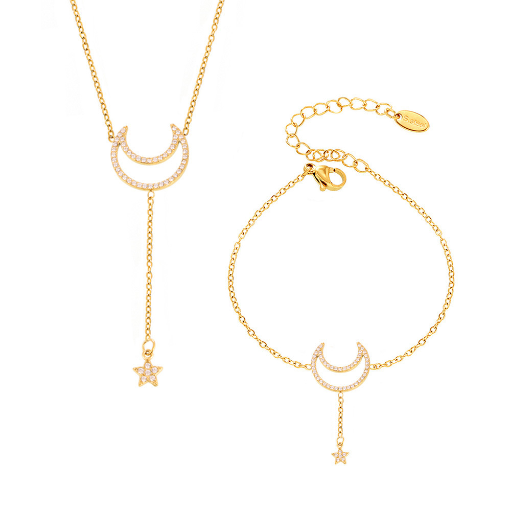 Square Sugar Starry Moon Set With Zircon Tassel Double Layered Clavicle Necklace, Feminine Style Bracelet, Titanium Steel Minimalist Set_voghion.com