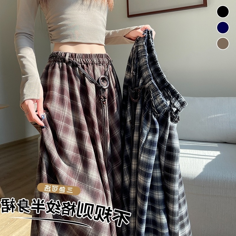 韩版不规则格纹半身裙女2025秋季复古格子松紧腰显瘦中长款a字裙|undefined