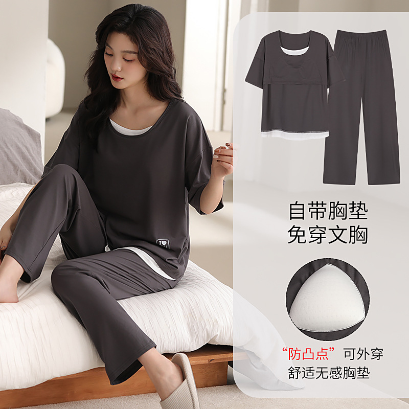 Ladies' Summer Pajamas with Bra Cups, Wearable Outside, Modal Ice Silk Short Sleeve Pants, Plus Size Home Set, Two-Piece