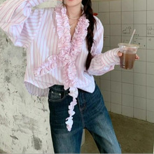 妖精衬衫设计感粉色条纹边衬衫女装春季减龄别致领长袖衬衣