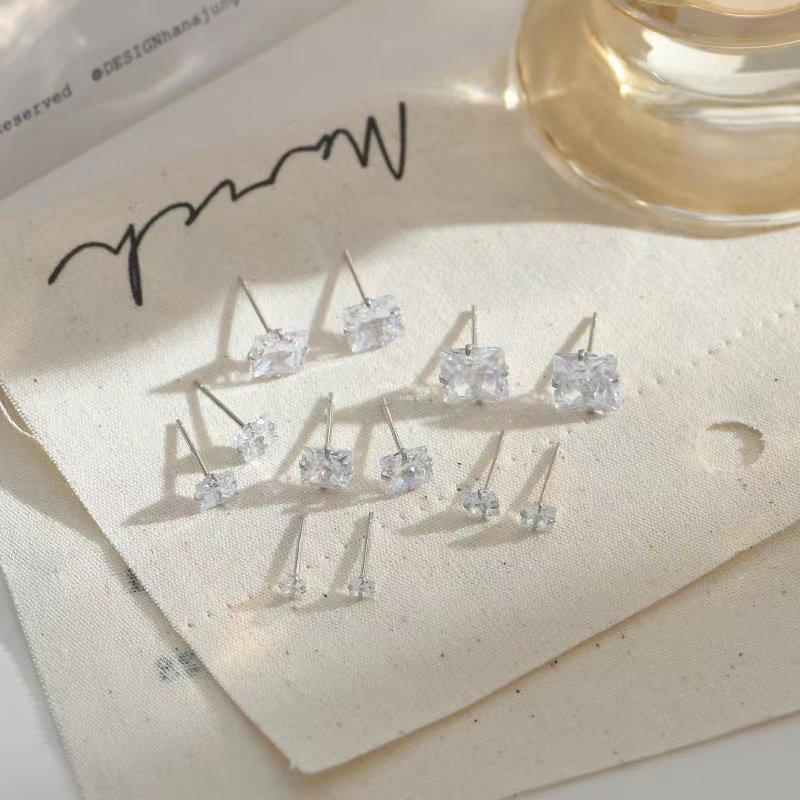 Zircon Inlay Material Ear Studs Classification 1 Pair 925 Sterling Silver Zircon 925 Sterling Silver Earrings Square Ear Studs