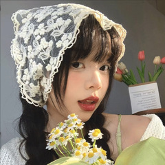 フレンチファッションレースフラワーヘッドスカーフ女性用、甘い海辺包頭三角スカーフ、韓国風文学写真ヘッドドレスとヘアアクセサリー