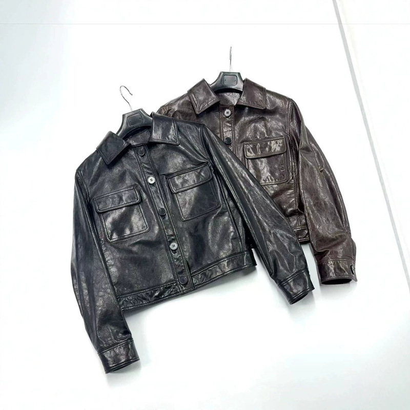 Factory In-Stock Leather Jacket, Oil-Waxed Sheepskin, Turn-Down Collar, Short Workwear Jacket for Women, 2026 New Model, Haining