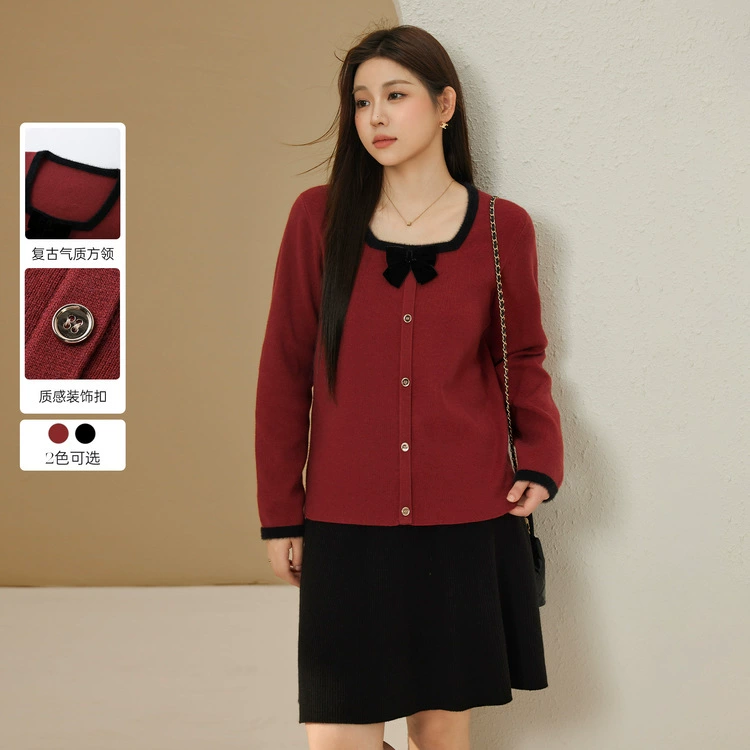 Цветное шоу большого размера женский ретро дизайн теплого и мягкого ветра с квадратным воротником дикий свитер жирный mm2024 зимний новый