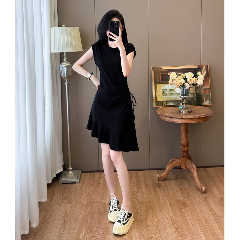 2025 New Celebrity Cross-Border Drawstring Dress Fishtail Irregular Mid-Length Large Size T-Shirt Dress for Women Summer 2025 New Celebrity Cross-Border Drawstring Dress Fishtail Irregular Mid-Length Large Size T-Shirt Dress for Women Summer